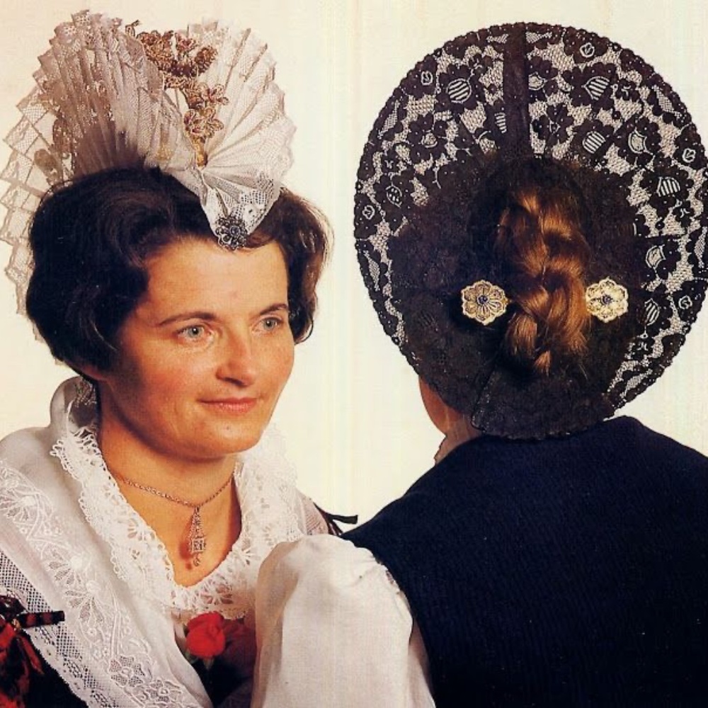 Lot of 2 Vintage Women's Traditional Swiss Folk Costume Lace Headdresses Pins OS